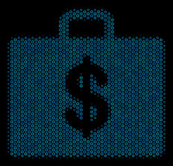 Halftone Business case composition icon of spheres in blue color hues on a black background. Vector bubble spheres are composed into business case composition.