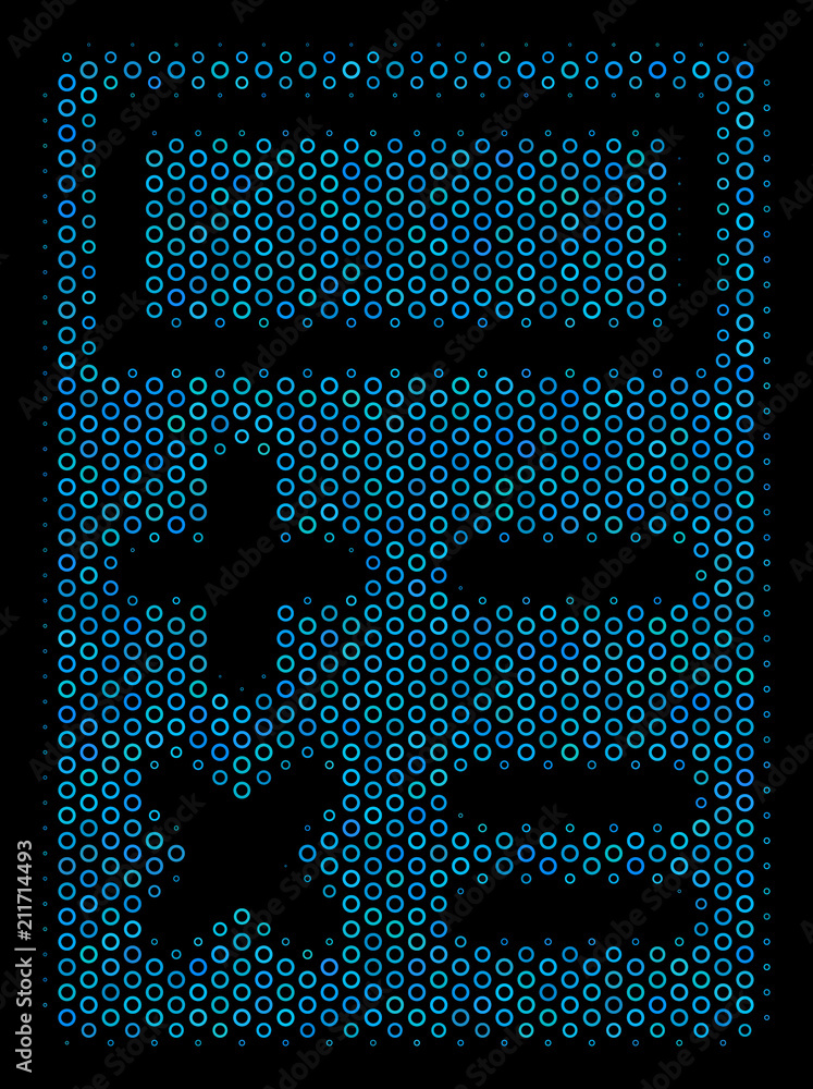 Poster halftone calculator collage icon of empty circles in blue color tints on a black background. vector 
