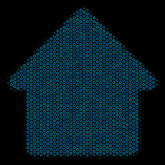 Halftone Cabin collage icon of circle elements in blue color tints on a black background. Vector circle items are grouped into cabin collage.
