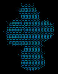 Halftone Cacti composition icon of spheric bubbles in blue color tinges on a black background. Vector spheric parts are arranged into cacti composition.