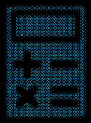 Halftone Calculator collage icon of empty circles in blue color tints on a black background. Vector empty circles are arranged into calculator illustration.