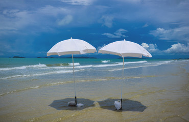 Two white umbrella on the beach at a sunny day.