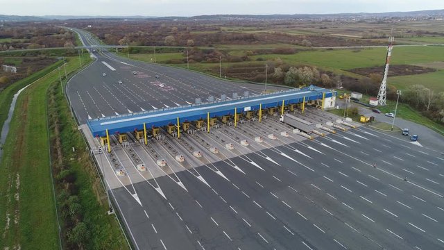 Static drone shot of modern toll booth on new highway in Croatia, European Union