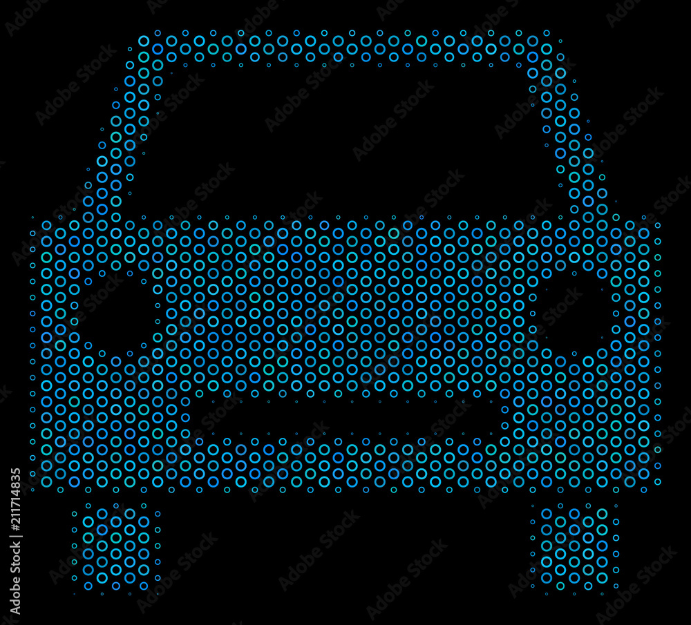 Poster halftone car mosaic icon of empty circles in blue color tinges on a black background. vector empty c