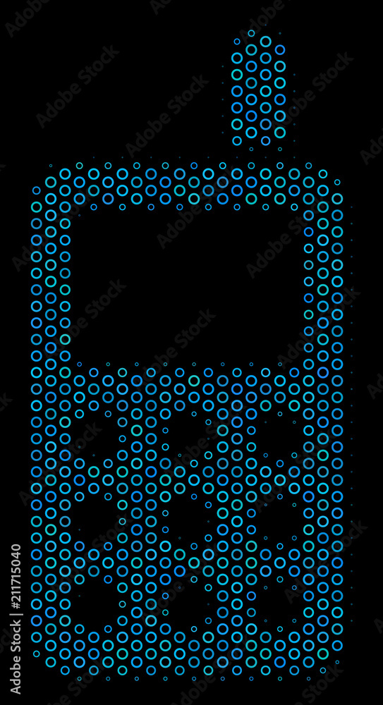 Aufkleber halftone cell phone mosaic icon of circle elements in blue color tinges on a black background. vecto