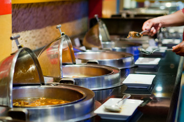 buffet food, catering food party at restaurant, mini canapes, snacks and appetizers