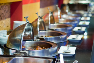 buffet food, catering food party at restaurant, mini canapes, snacks and appetizers