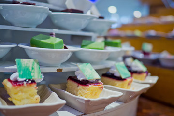 buffet food, catering food party at restaurant, mini canapes, snacks and appetizers