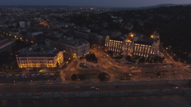 Aerial view of Budapest at night - Gellert square and hotel, Hungary