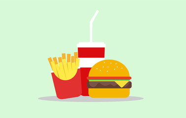 fast food hamburger, fries and drink