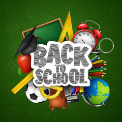 Back to School with school supplies and doodles on green chalkboard background