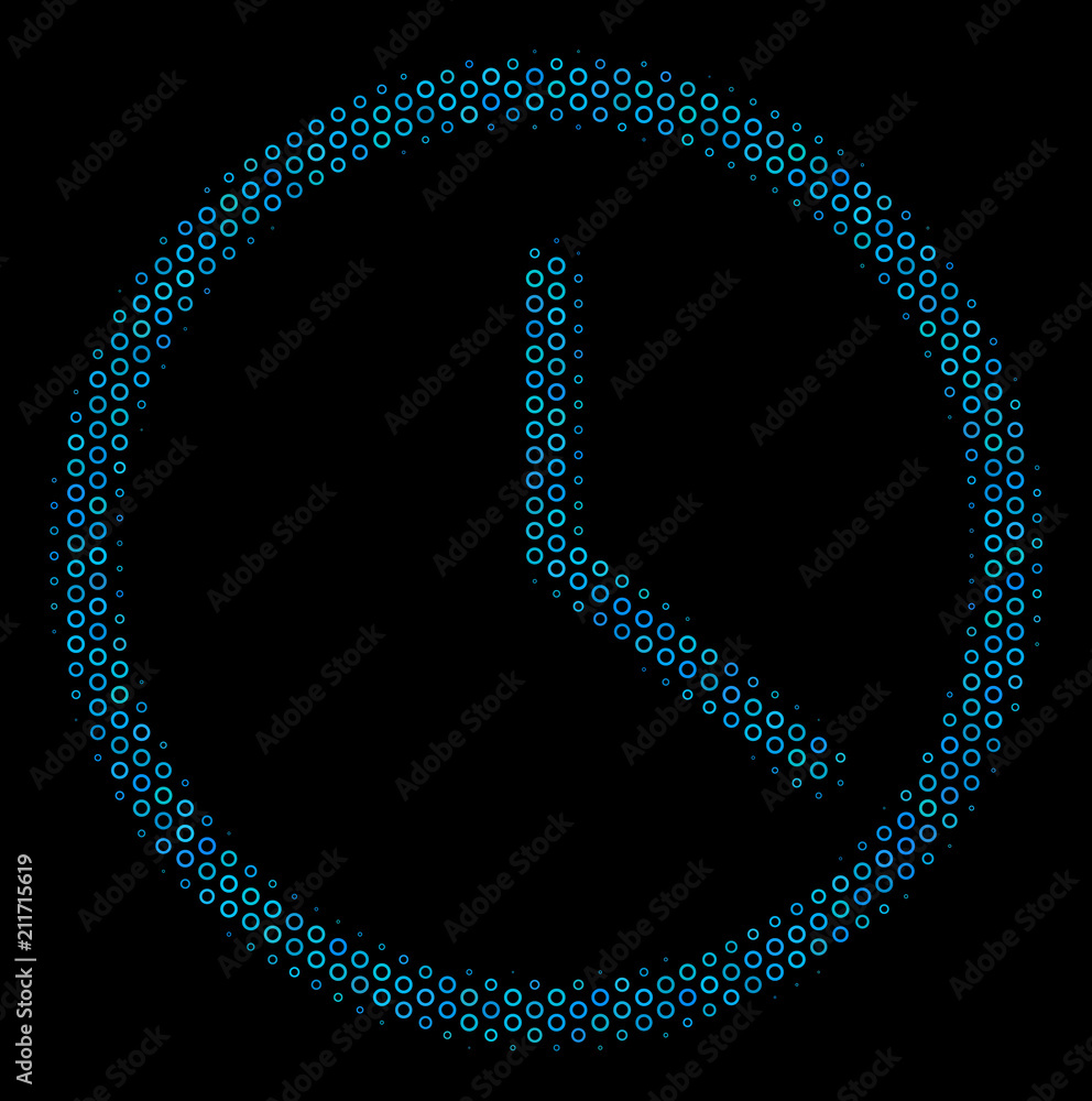 Poster halftone clock collage icon of empty circles in blue color tinges on a black background. vector bubb