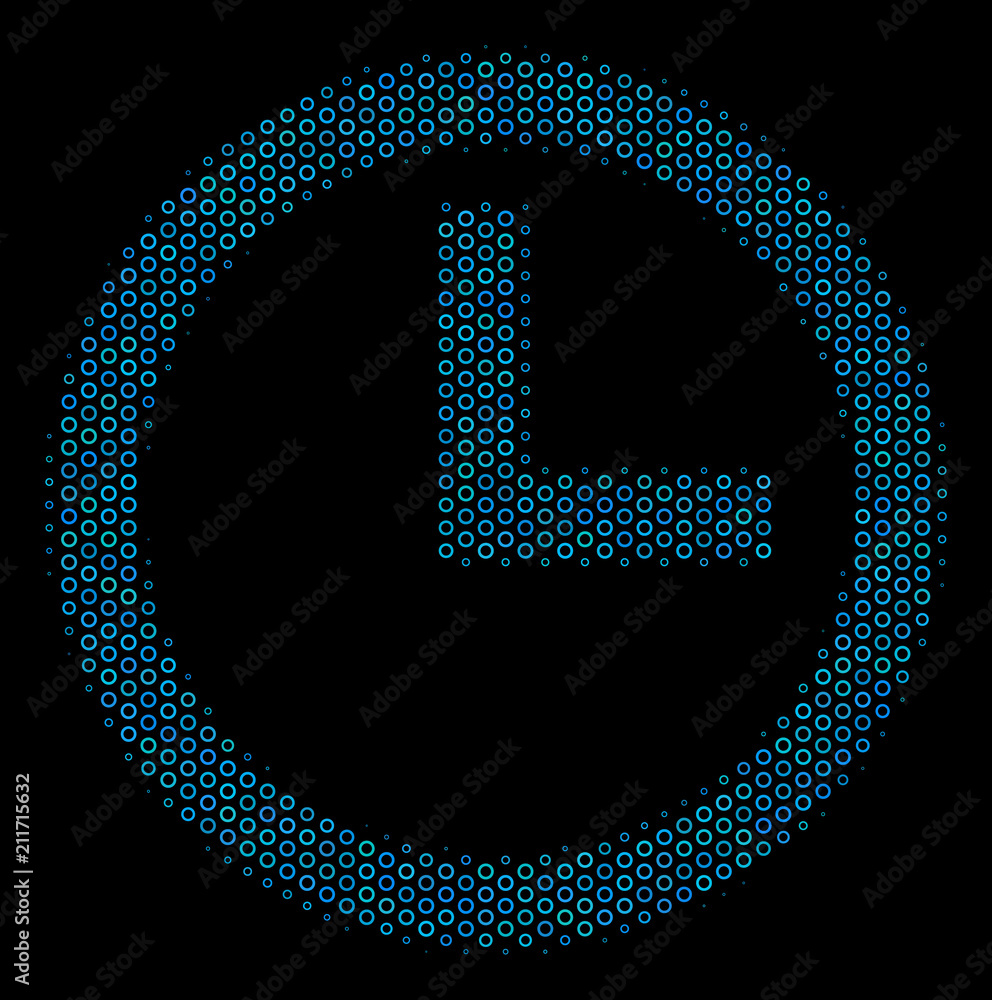 Poster halftone clock collage icon of empty circles in blue color tones on a black background. vector circl