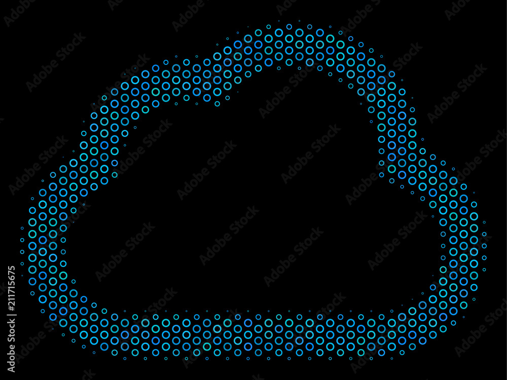 Poster halftone cloud mosaic icon of empty circles in blue shades on a black background. vector empty circl