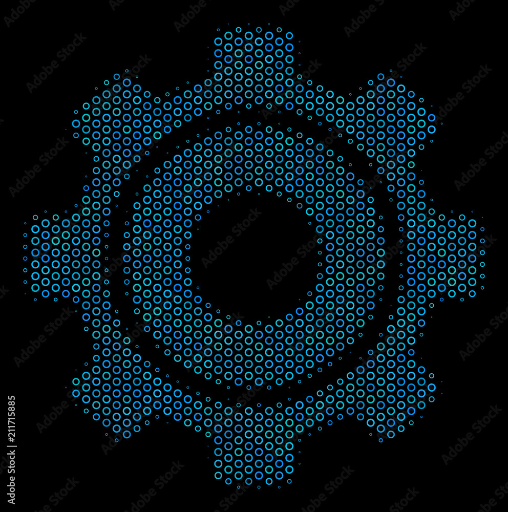 Aufkleber halftone cog mosaic icon of circle bubbles in blue color tones on a black background. vector circle 