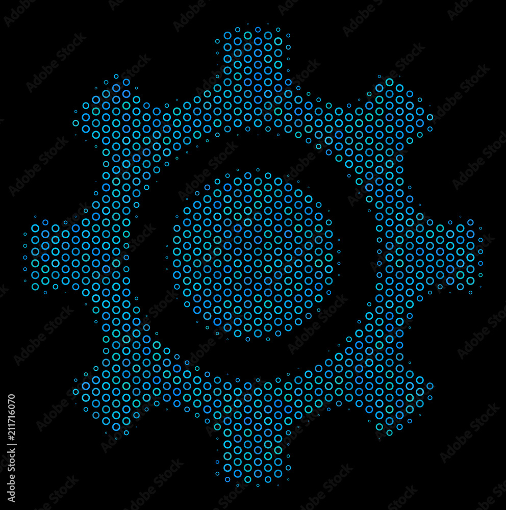 Poster halftone cogwheel composition icon of spheric bubbles in blue color hues on a black background. vect