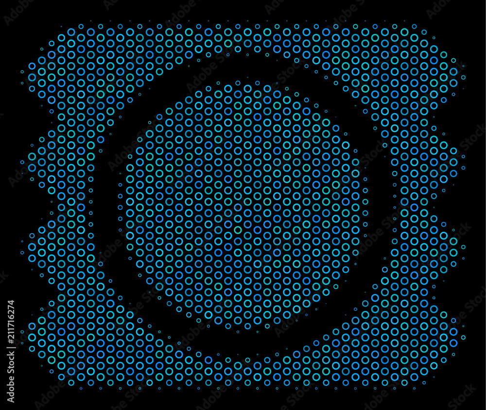 Poster halftone condom package composition icon of spheric bubbles in blue color tinges on a black backgrou