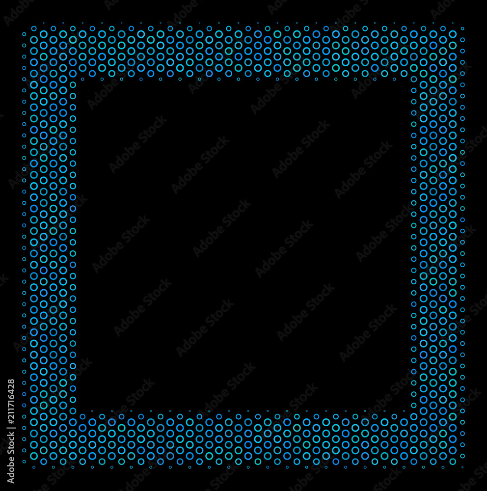 Aufkleber halftone contour square mosaic icon of spheric bubbles in blue color tints on a black background. ve
