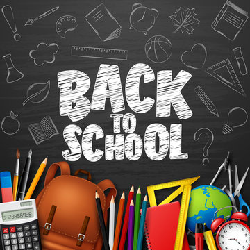 Back to School with school supplies and doodles on blackboard background