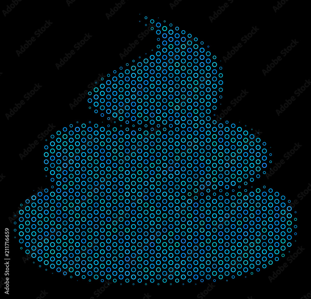 Poster halftone crap composition icon of circle bubbles in blue color tints on a black background. vector r