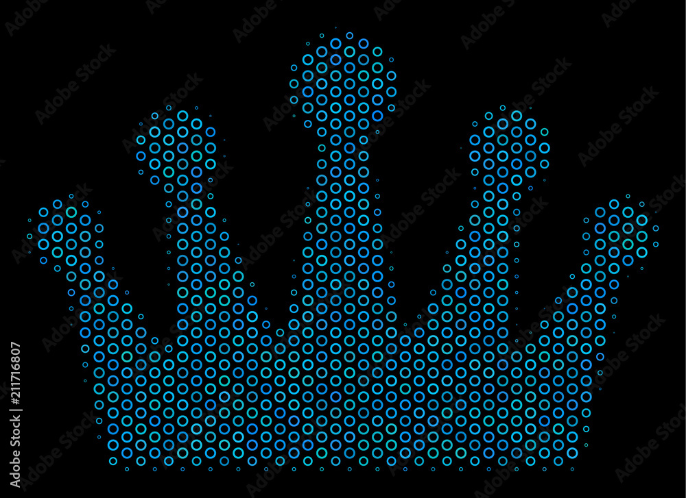 Poster halftone crown mosaic icon of circle elements in blue color tones on a black background. vector circ