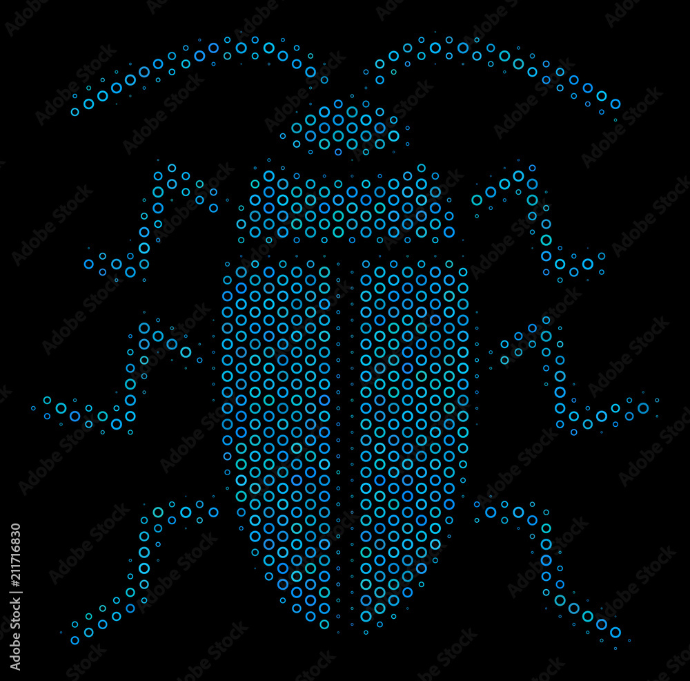 Poster halftone cucaracha collage icon of circle bubbles in blue color tinges on a black background. vector