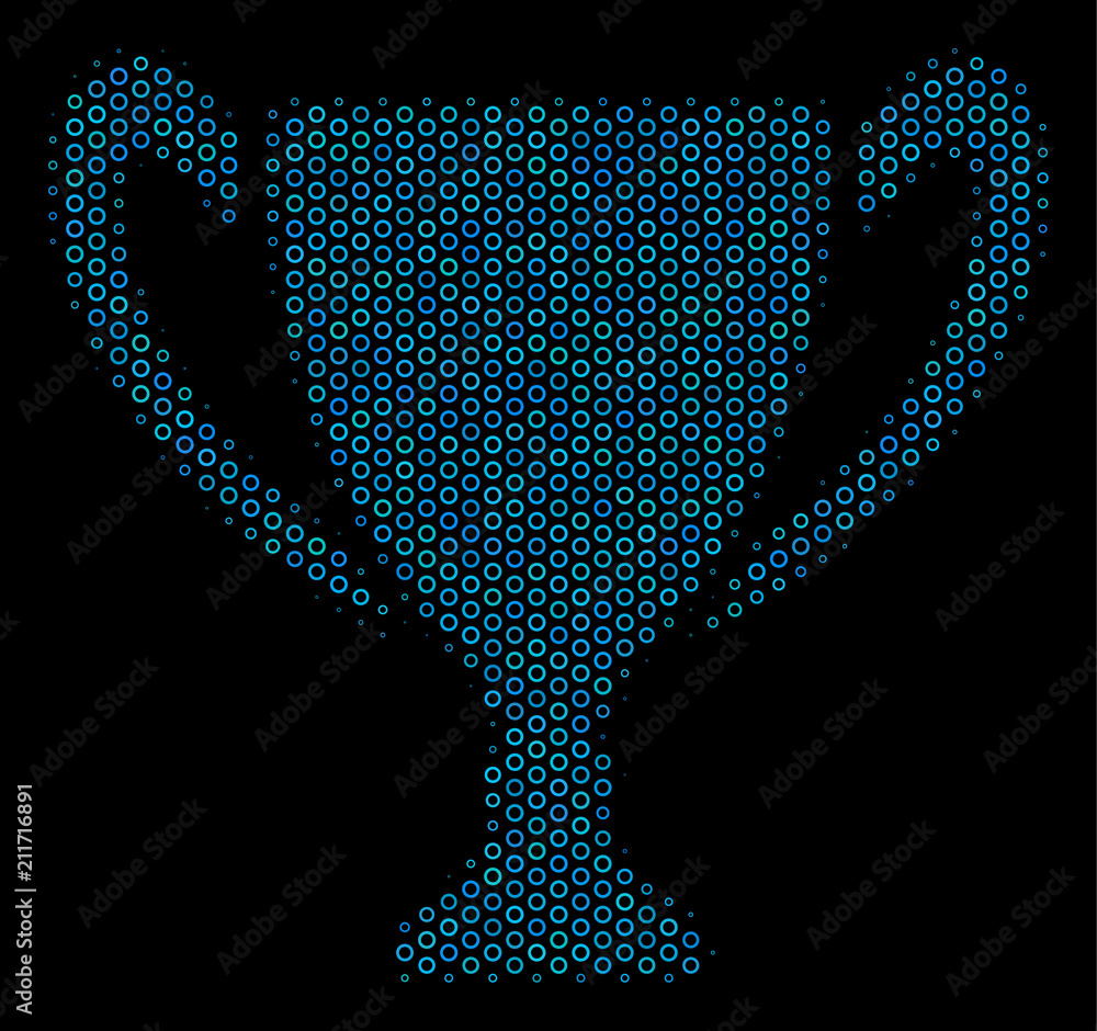 Aufkleber halftone cup mosaic icon of empty circles in blue color tinges on a black background. vector empty c