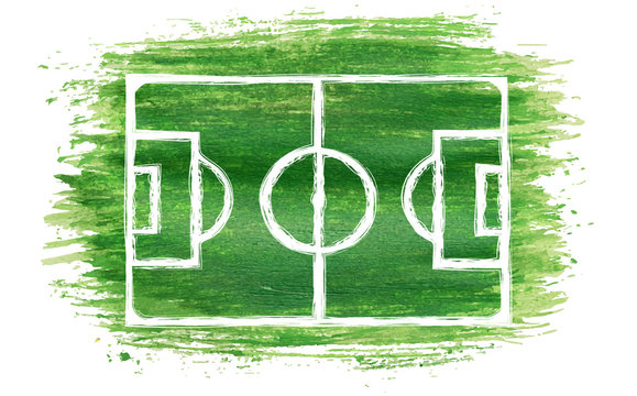 hand drawn paintbrush soccer field or football field of green watercolor brush stroke painting isolated on white