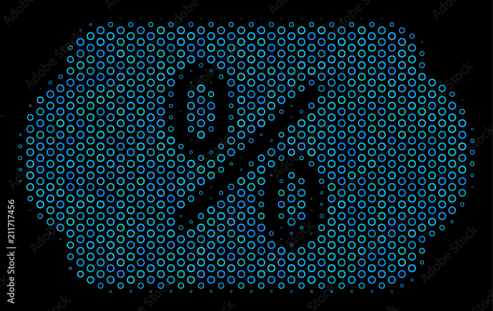 Poster halftone discount tag composition icon of empty circles in blue color tints on a black background. v