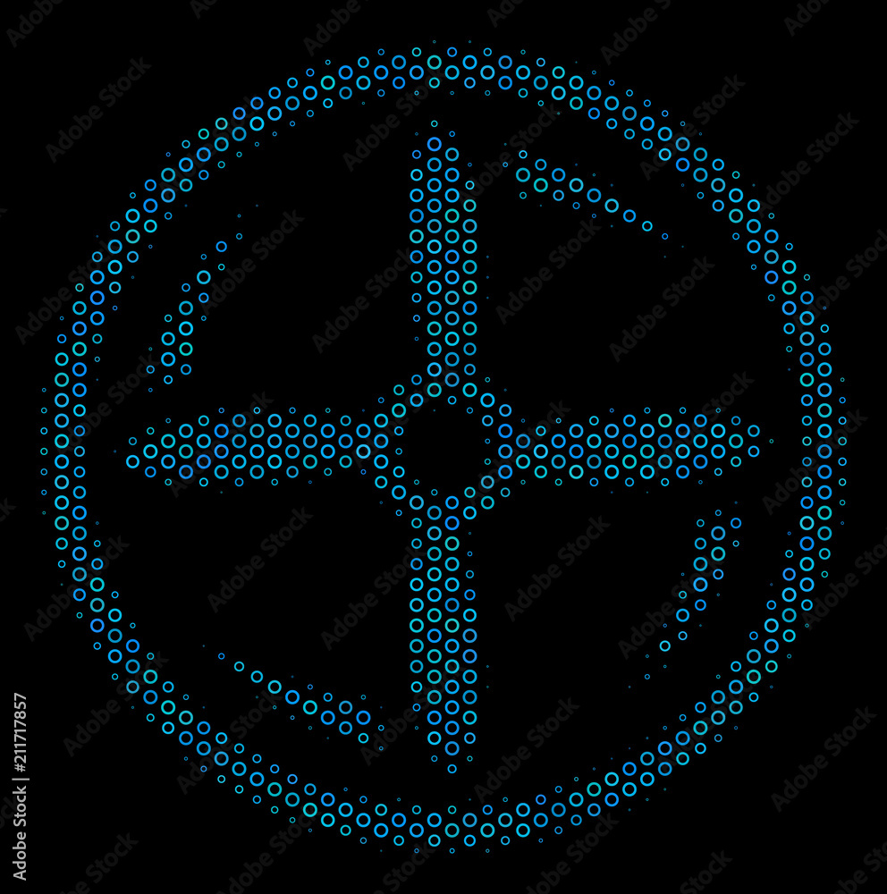 Poster halftone drone screw rotation mosaic icon of empty circles in blue color tints on a black background