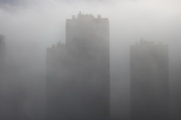 City buildings in heavy fog, Saint Petersburg, Russia