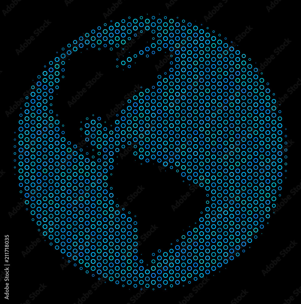 Poster halftone earth mosaic icon of empty circles in blue color hues on a black background. vector empty c