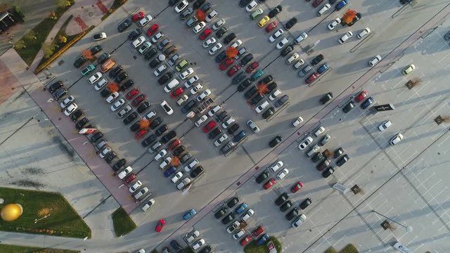 Overhead drone shot of cars parking in front of modern Westgate shopping mall in Croatia