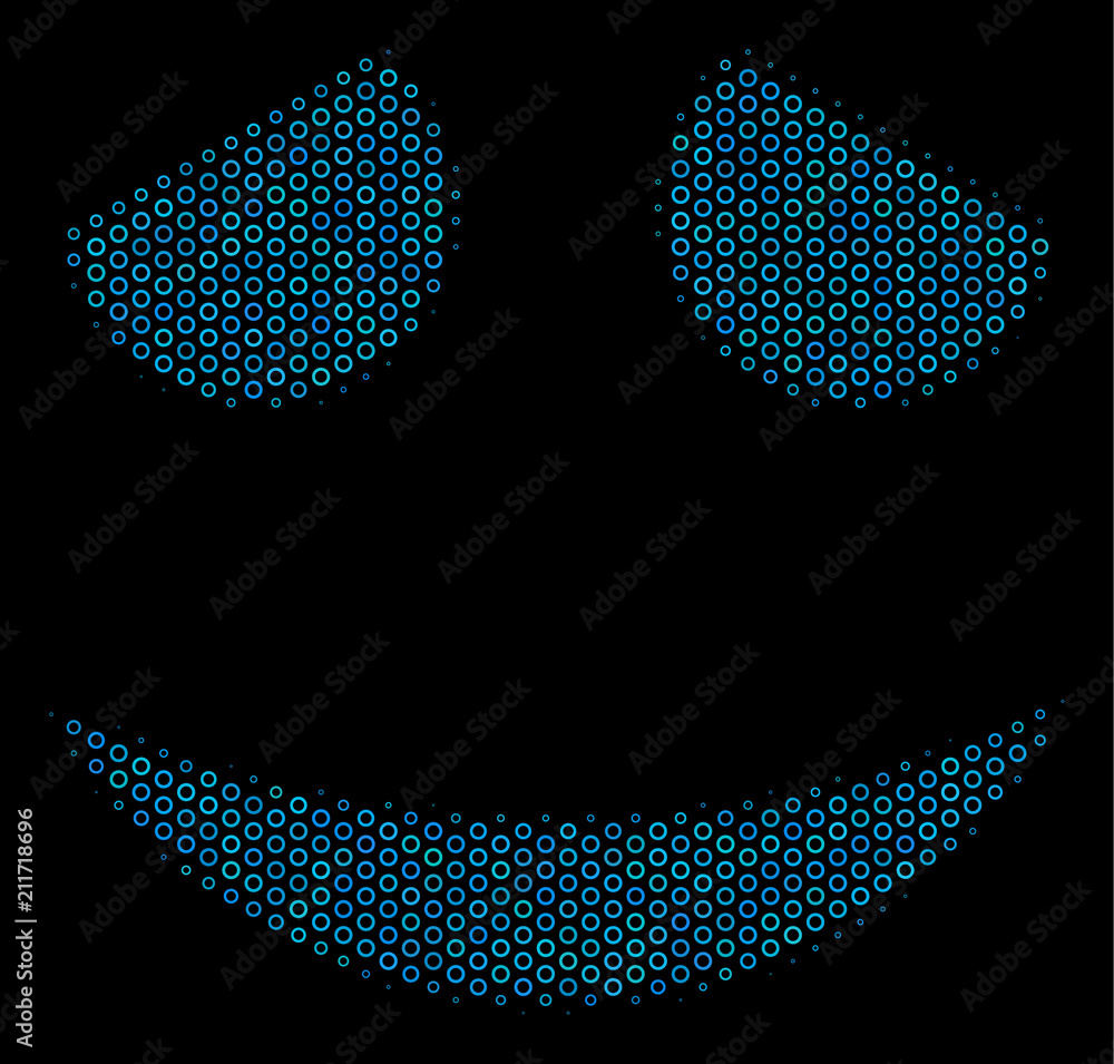 Poster halftone embarassed smile composition icon of circle bubbles in blue color tints on a black backgrou