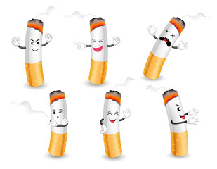 Cartoon cigarette characters with happy, angry and sad faces. healthcare concept design.  Illustration isolated on white background. World No Tobacco Day.