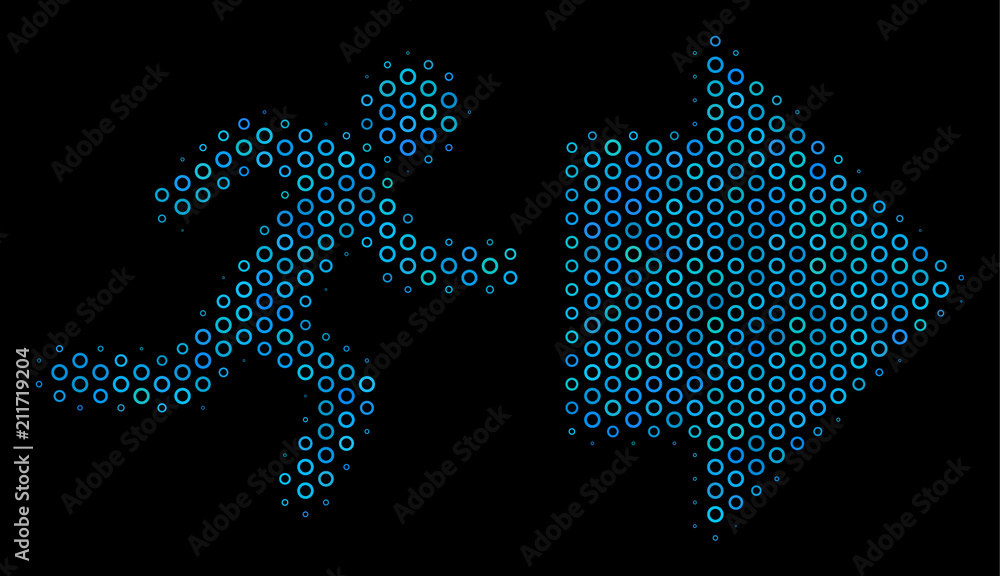 Poster halftone exit direction collage icon of spheric bubbles in blue color hues on a black background. ve