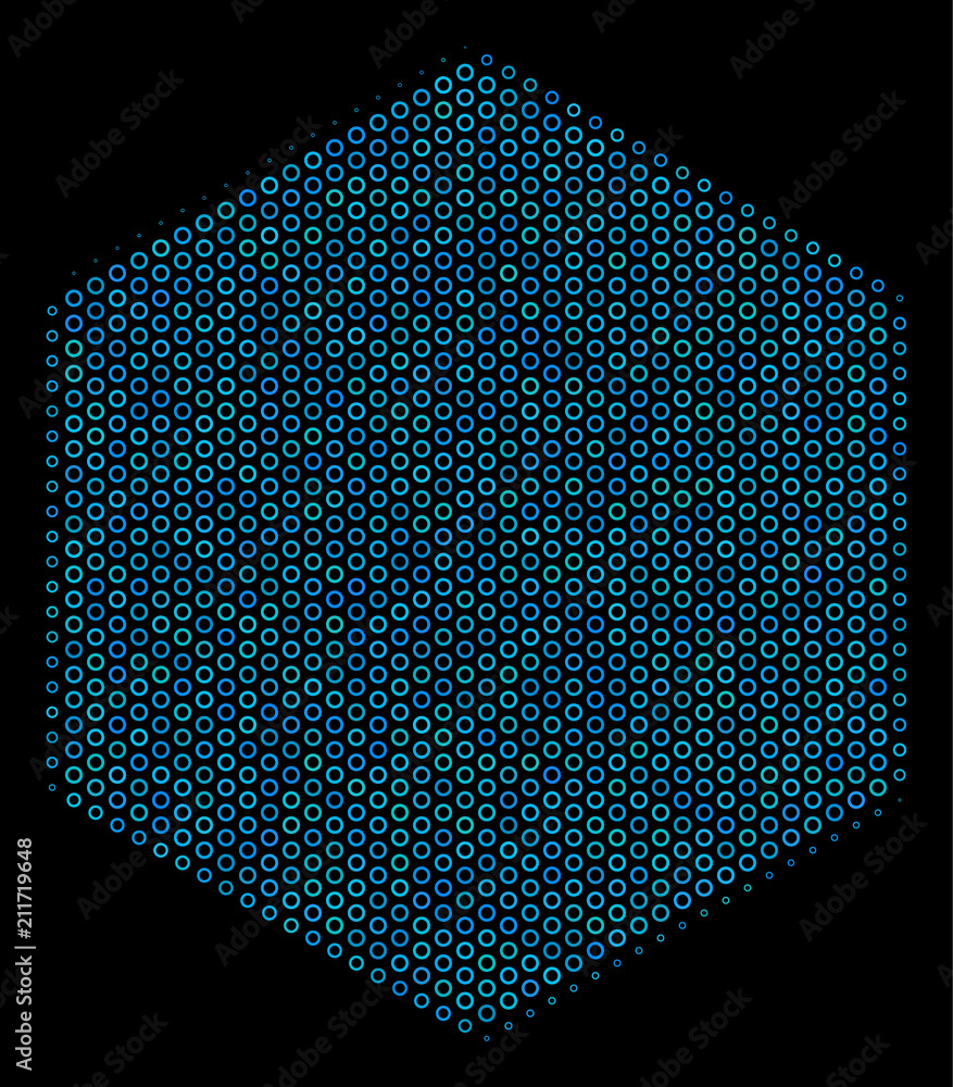Poster halftone filled hexagon collage icon of empty circles in blue color tones on a black background. vec