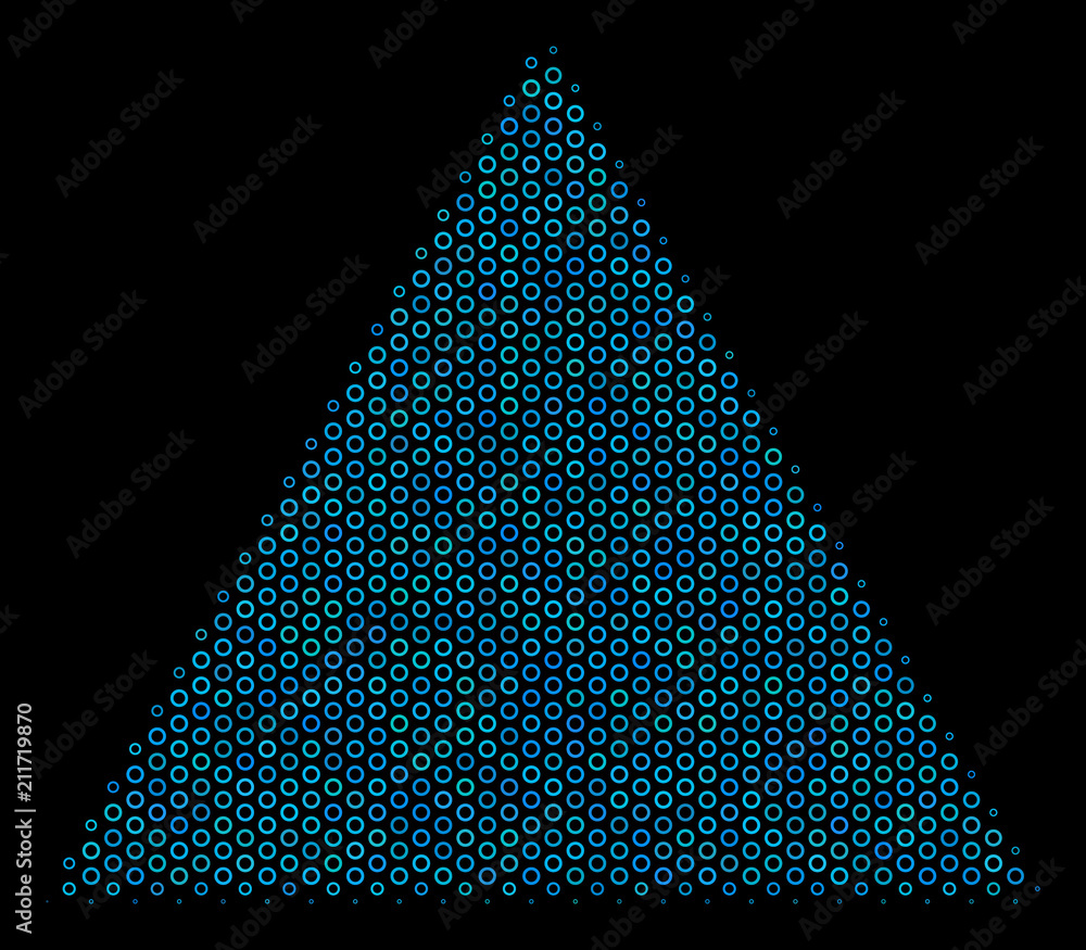 Poster halftone filled triangle composition icon of circle bubbles in blue color tints on a black backgroun