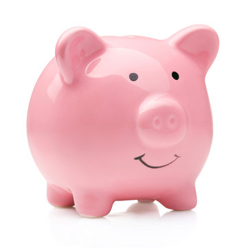 single pink piggy bank isolated on white background