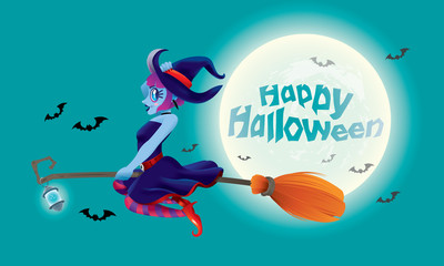 A cute witch flying with her magic broom. With full moon night scene.