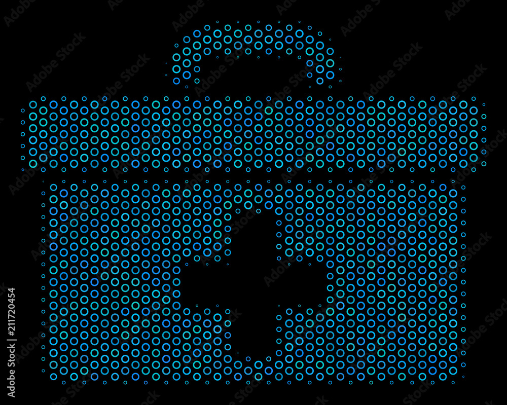 Poster halftone first aid toolbox mosaic icon of circle bubbles in blue color tinges on a black background.