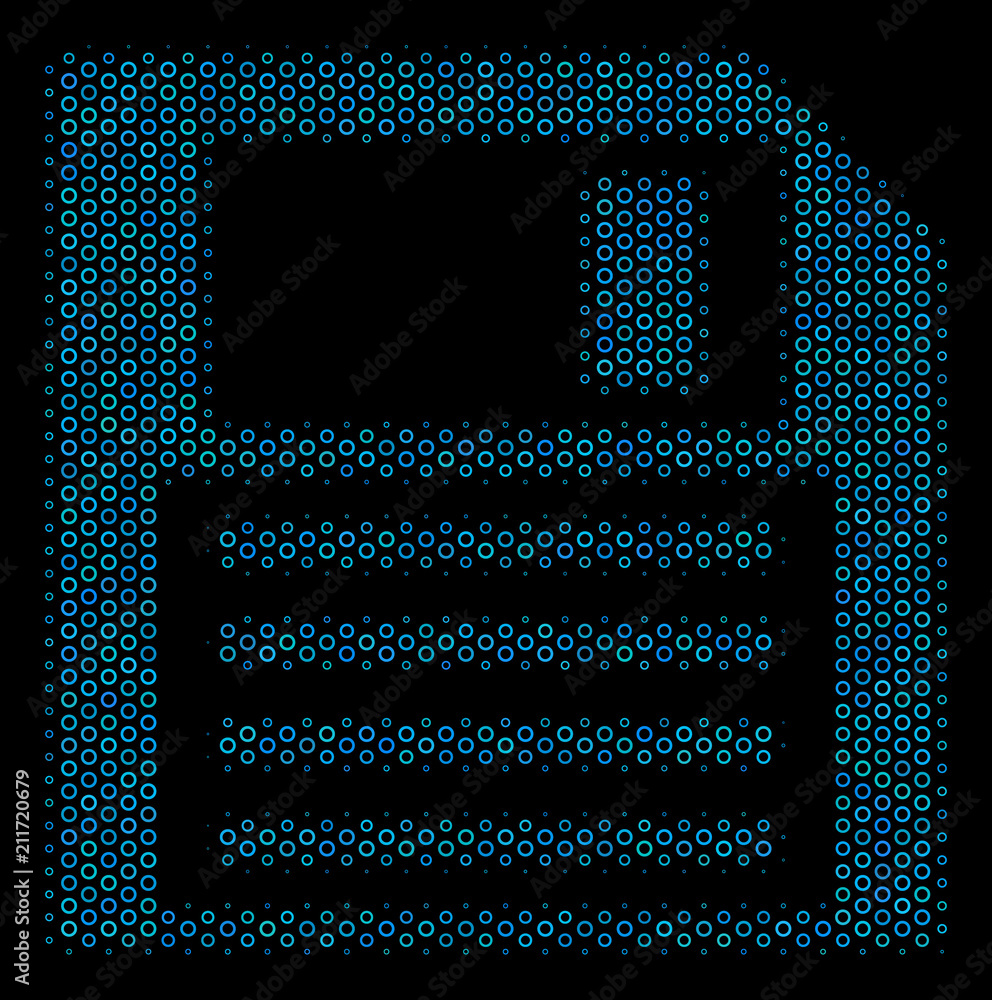 Poster halftone floppy disk collage icon of circle bubbles in blue color tints on a black background. vecto