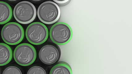 Big black, white and green soda cans on white background