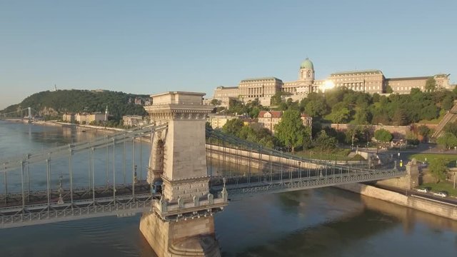 Aerial view of Budapest in sunrise - Chain bridge and Buda castle, Hungary