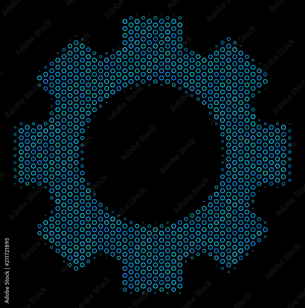 Poster halftone gear composition icon of empty circles in blue color tints on a black background. vector em