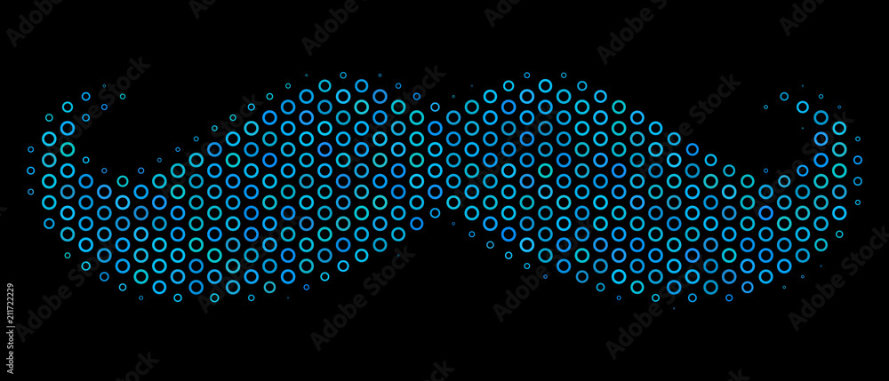 Poster halftone gentleman moustache composition icon of empty circles in blue color tinges on a black backg
