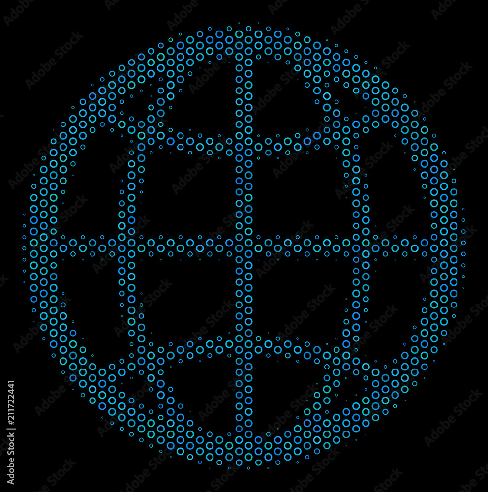 Poster halftone globe collage icon of circle bubbles in blue color tones on a black background. vector empt