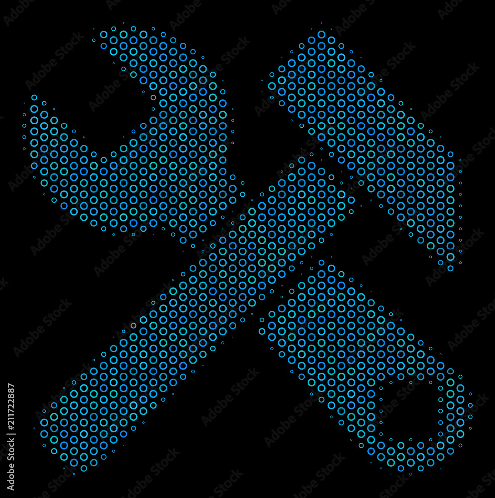 Poster halftone hammer and wrench mosaic icon of empty circles in blue color tones on a black background. v
