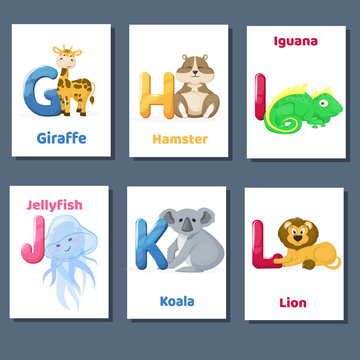 Alphabet printable flashcards vector collection with letter G H I J K L. Zoo animals for english language education.
