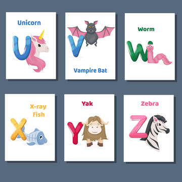Alphabet printable flashcards vector collection with letter U V W X Y Z. Zoo animals for english language education.